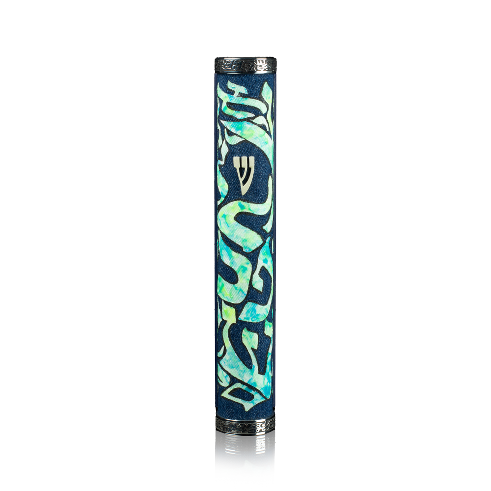 Case for mezuzah "Jerusalem" with art "Letters of the Hebrew alphabet" made of denim with embroidery