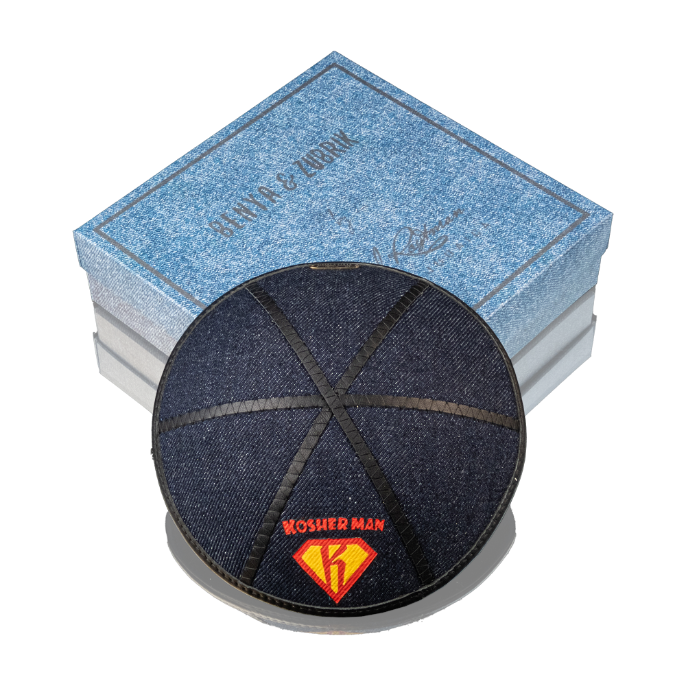 Kippah "Modern" made of denim with art "Kosher Man", a Collaborative Collection by Benya&Zubrik and David Roytman