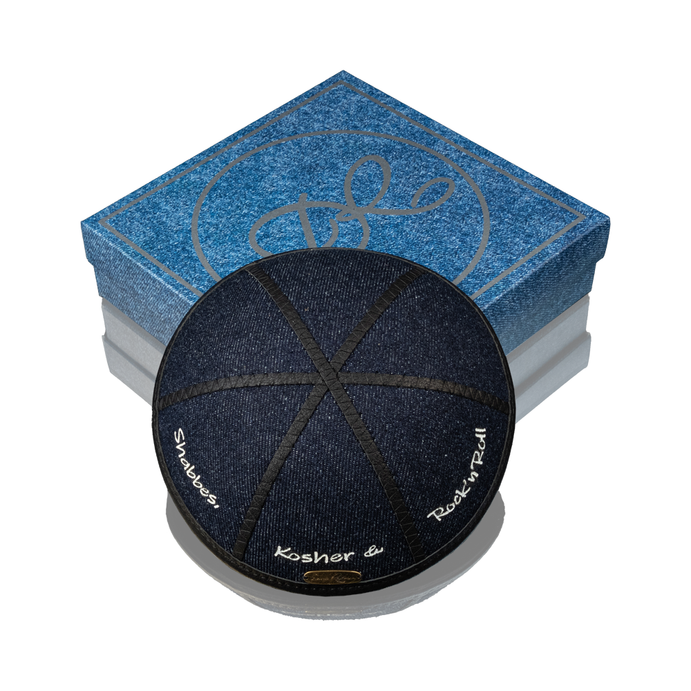 Kippah "Modern" made of denim with art "Shabbes, Kosher&Rock’n’Roll", a Collaborative Collection by Benya&Zubrik and David Roytman