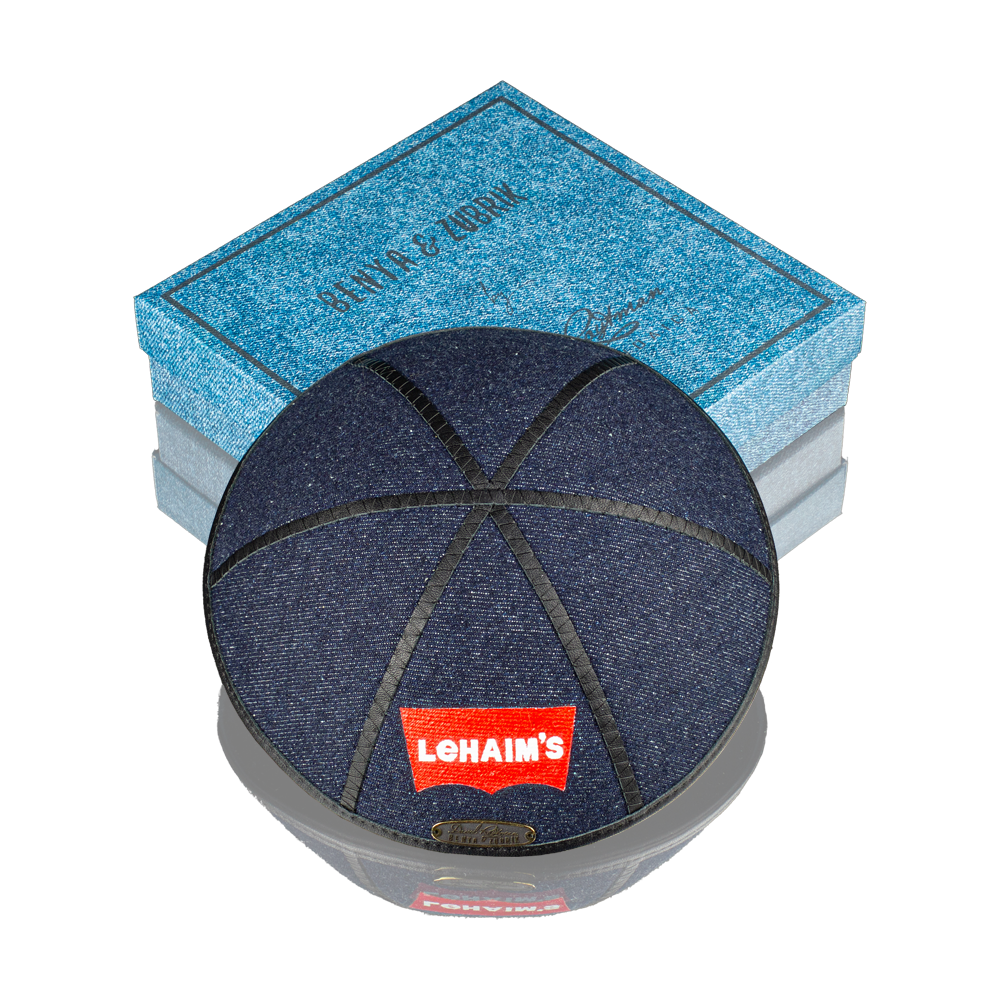 Kippah "770" made of denim with art "Lehaim’s", a Collaborative Collection by Benya&Zubrik and David Roytman