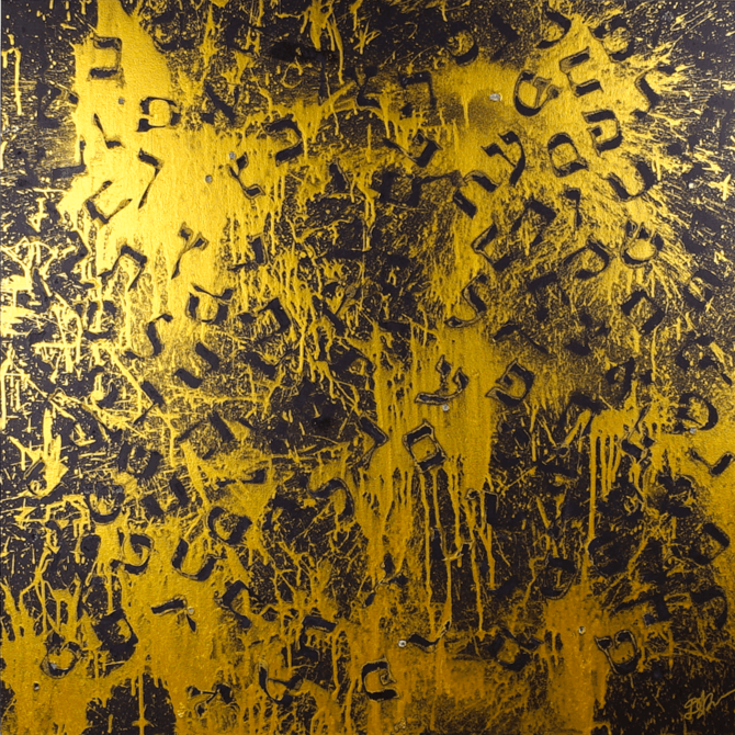 "Letters of the universe" acrylic on black canvas