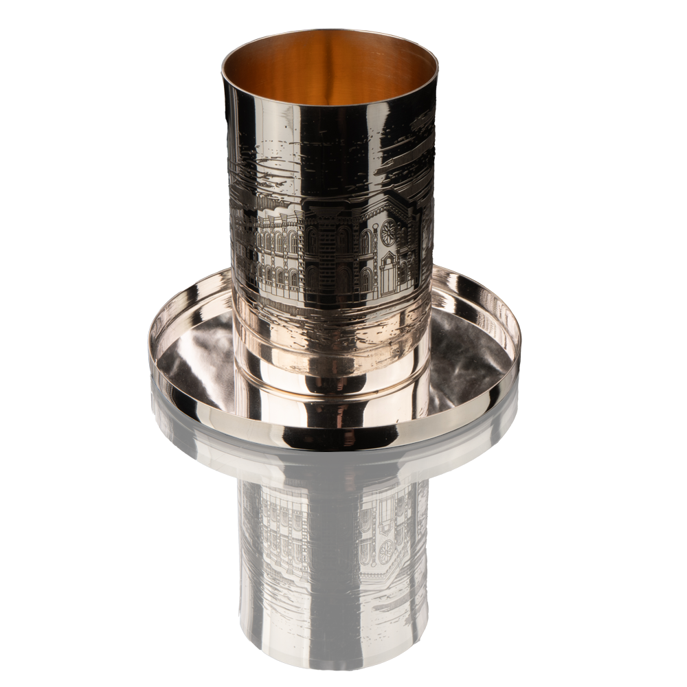 Becher (kiddush cup) and saucer for kiddush "Main Synagogue in Odesa" made of silver