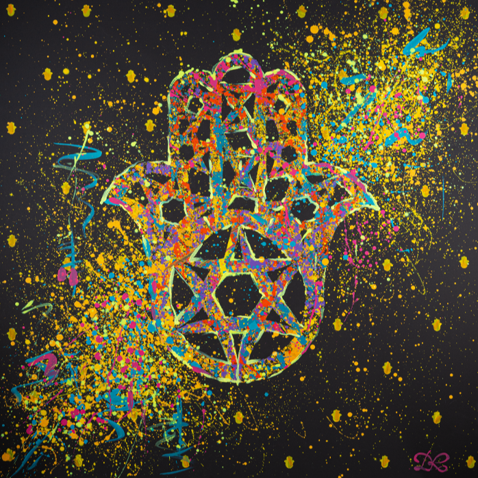 "Hamsa with Star of David" acrylic on black canvas