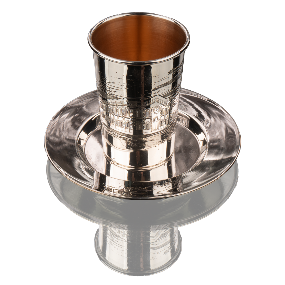 Becher (kiddush cup) and saucer for kiddush "Main Synagogue in Odesa" made of silver