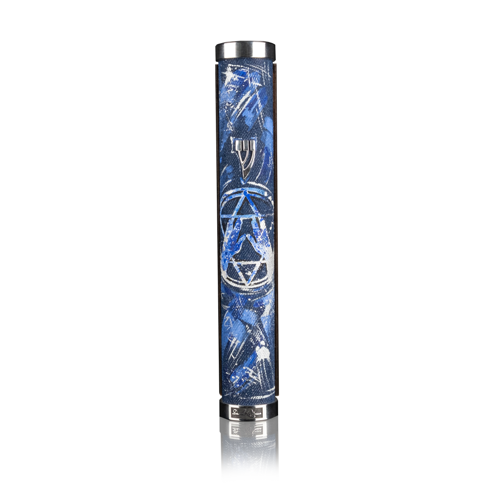 Case for mezuzah "Jerusalem" with art "Blessing of the Kohens" made of denim
