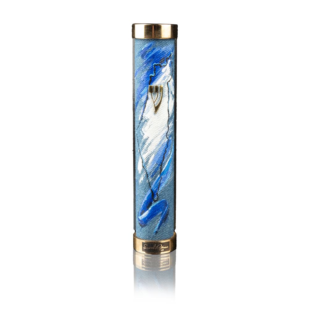 Case for mezuzah "Tzfat" with art "Israel" made of denim