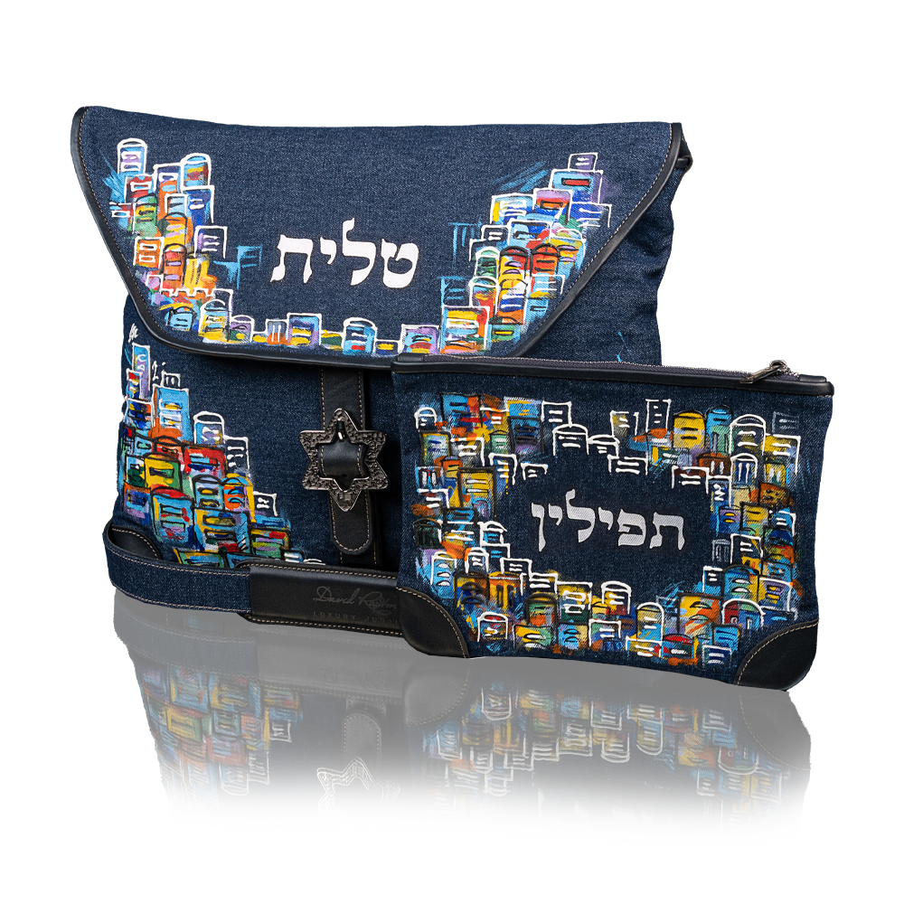 Set "Tzfat" for Tallit and Tefillin with art "Jerusalem" made of denim