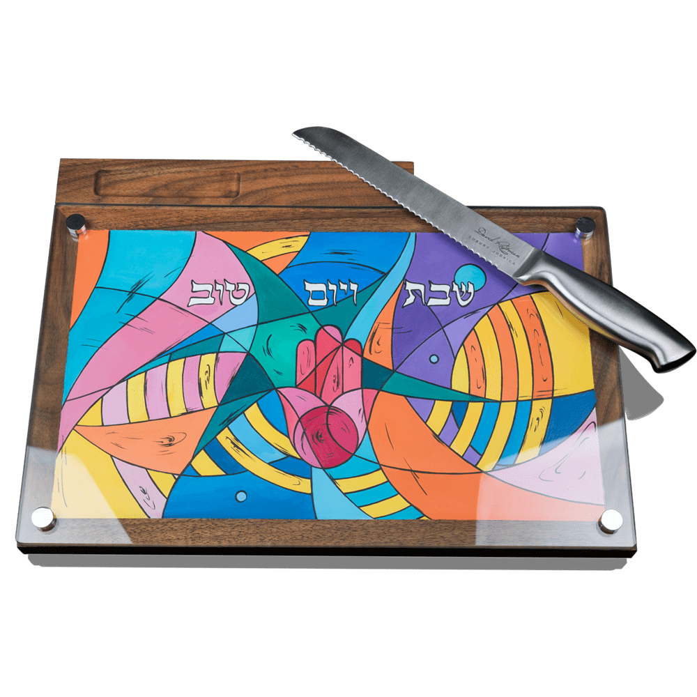 Set of stand and knife for challah with art "Hamsa"