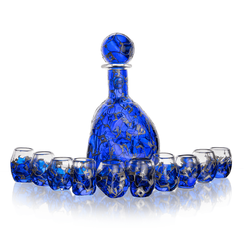 Set of decanter and 10 shot glasses
