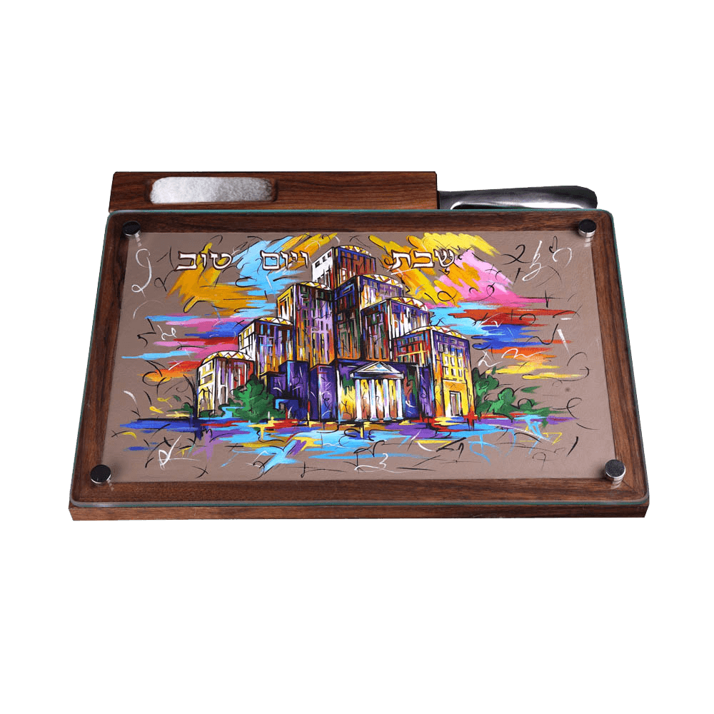 Set of stand and knife for challah with art "Cultural and business Jewish center Menorah"