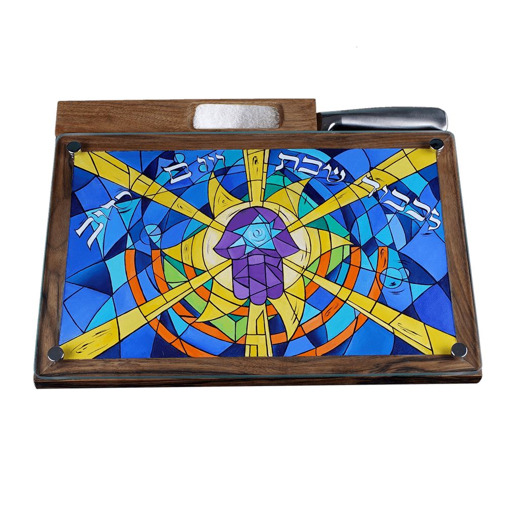 Set of stand and knife for challah with art "Hamsa Abstraction"