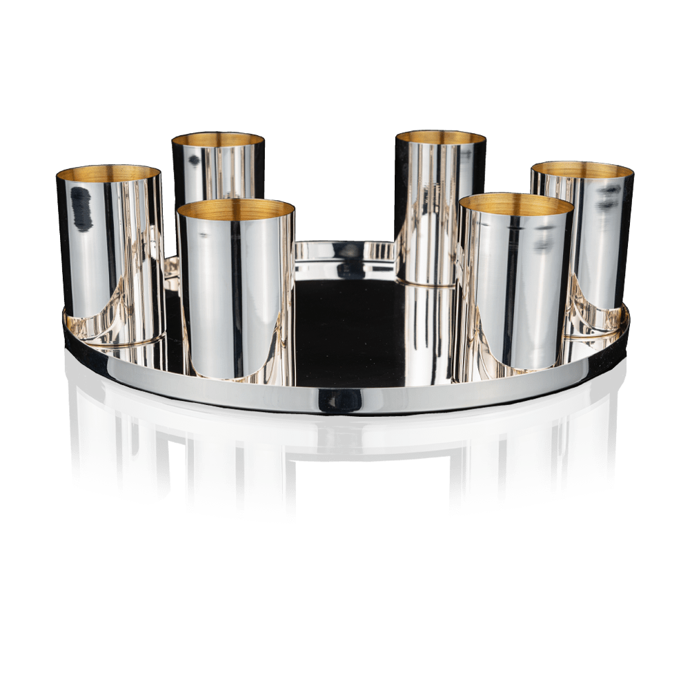 Set of dish and 6 shot glasses made of silver